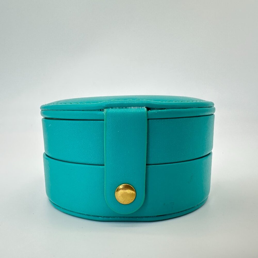 NEW Turquoise Round Travel Jewelry Box Organizer w/ Mirror & Snap Closure